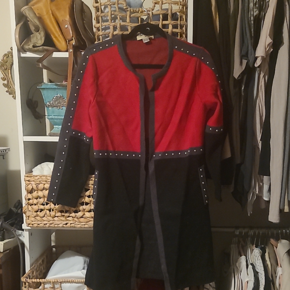 Red and Black Wool  Cardigan with Studded Accents Very Unique